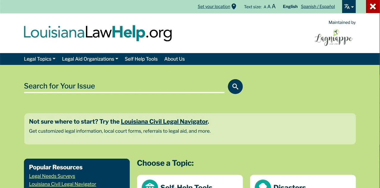 A gif image of the new LawHelp Refresh design on LouisianaLawHelp.org. It shows how hovering over various components triggers animations and color highlights.
