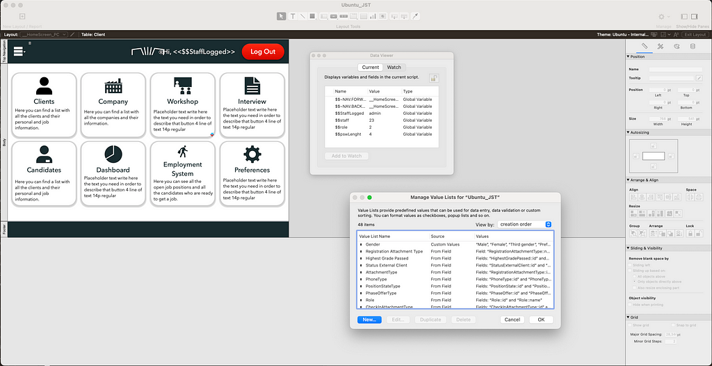 An example of the FileMaker Pro Advance development environment. Coding example