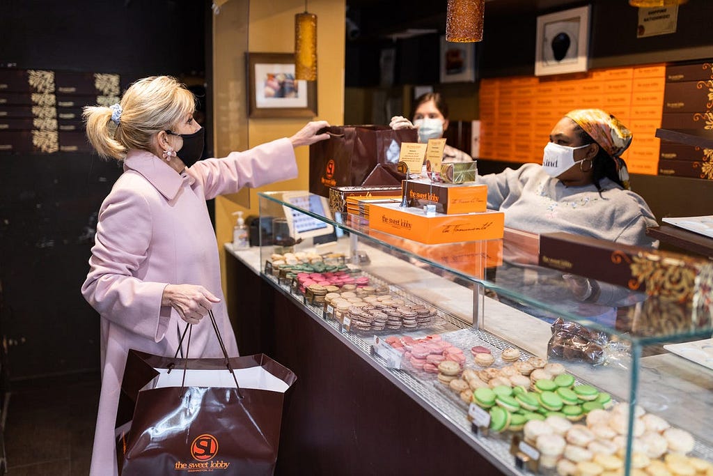 First Lady Jill Biden visits The Sweet Lobby bakery on Feb. 12, 2021, in Washington, D.C.