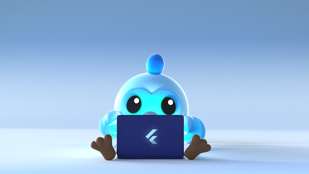 Imagen de la mascota de Dart, Dash. Está sentada delante de una laptop con el logotipo de Flutter. No podemos verlo, pero está mirando a una app de Windows compilada con Flutter.