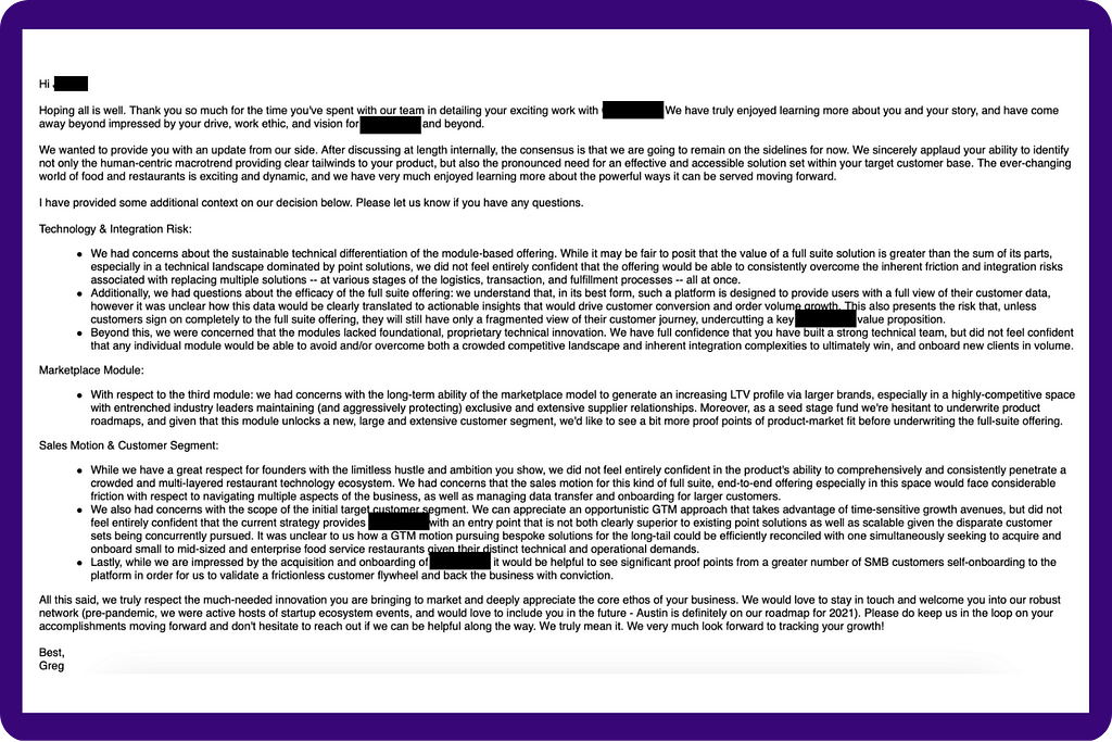 A long-form pass email for a deal that made it further in the diligence process