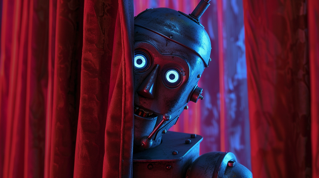 A robot with glowing eyes peeking out from behind a red velvet curtain.