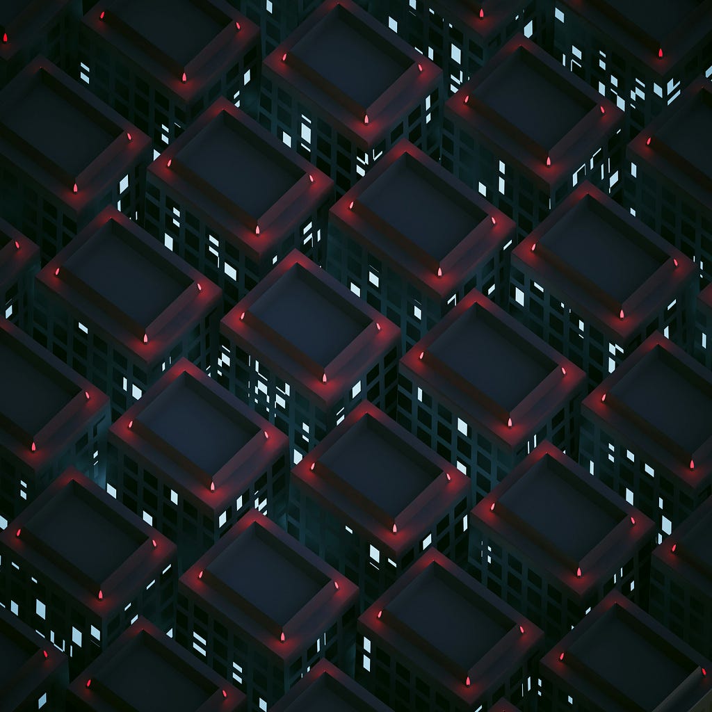 Urban Density, Night (Cool Lights). Rendered with Blender using cycles.