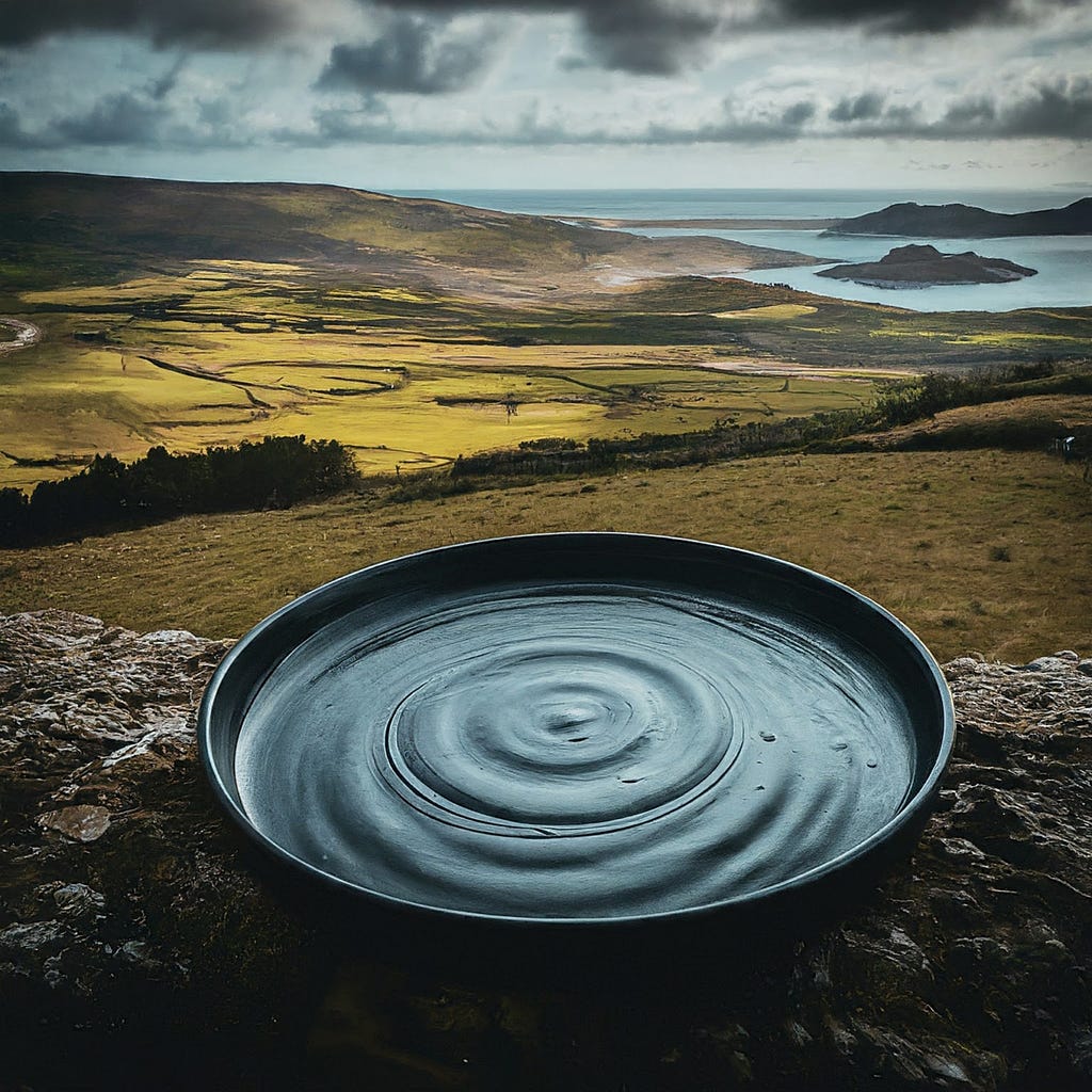 A large, dark bowl with a spiral pattern at its center, placed on a rock against a scenic backdrop of green fields, a body of water, and lush hills, symbolizing the harmony of sustainable practices with nature.