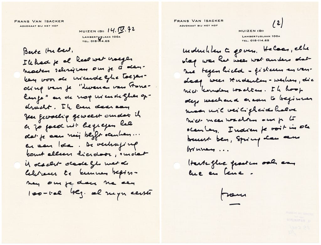 Brief van 14 april 1972, Frans van Isacker bedankt Hubert Lampo voor het opsturen van diens pas verschenen boek De zwanen van