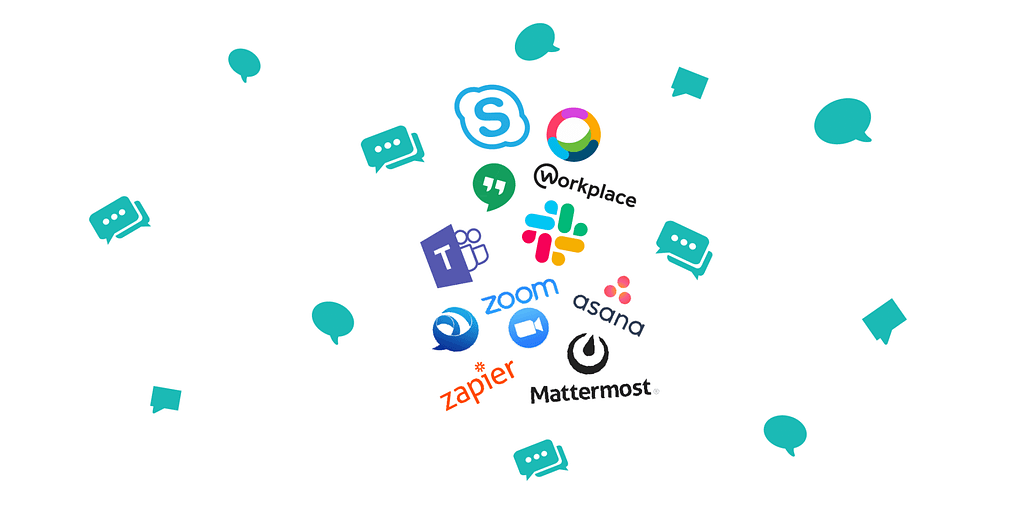 Skype for Business, Workplace by Facebook, Google Hangouts, Asana, Zoom, Zapier, Mattermost, Microsoft Teams, Slack, Webex