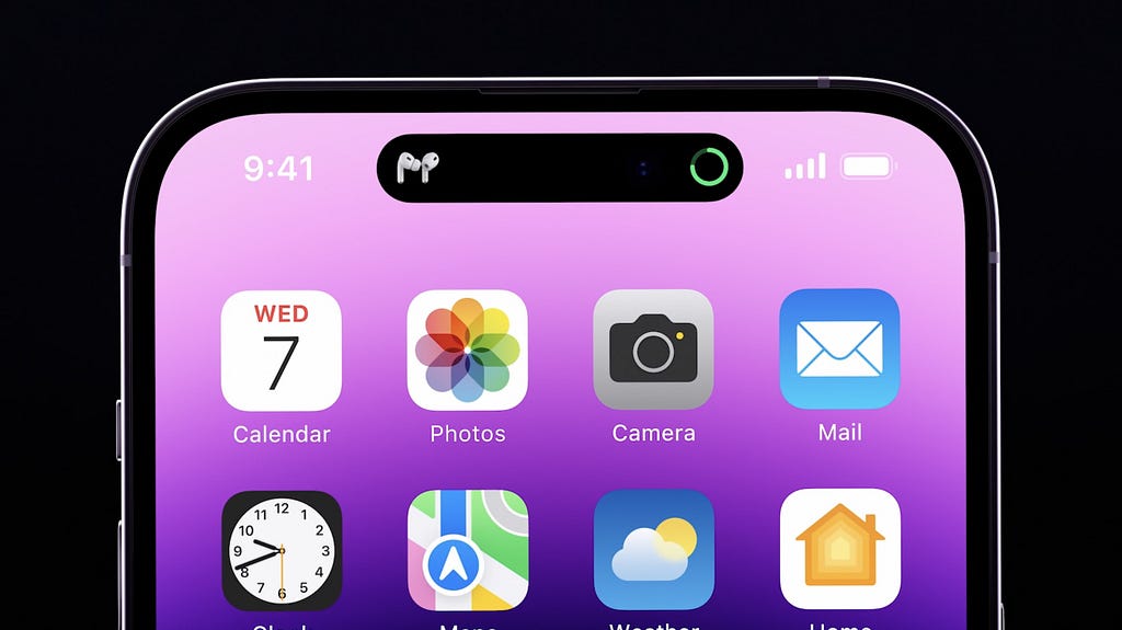 The top half of an iPhone displaying the Dynamic Island feature on a black background