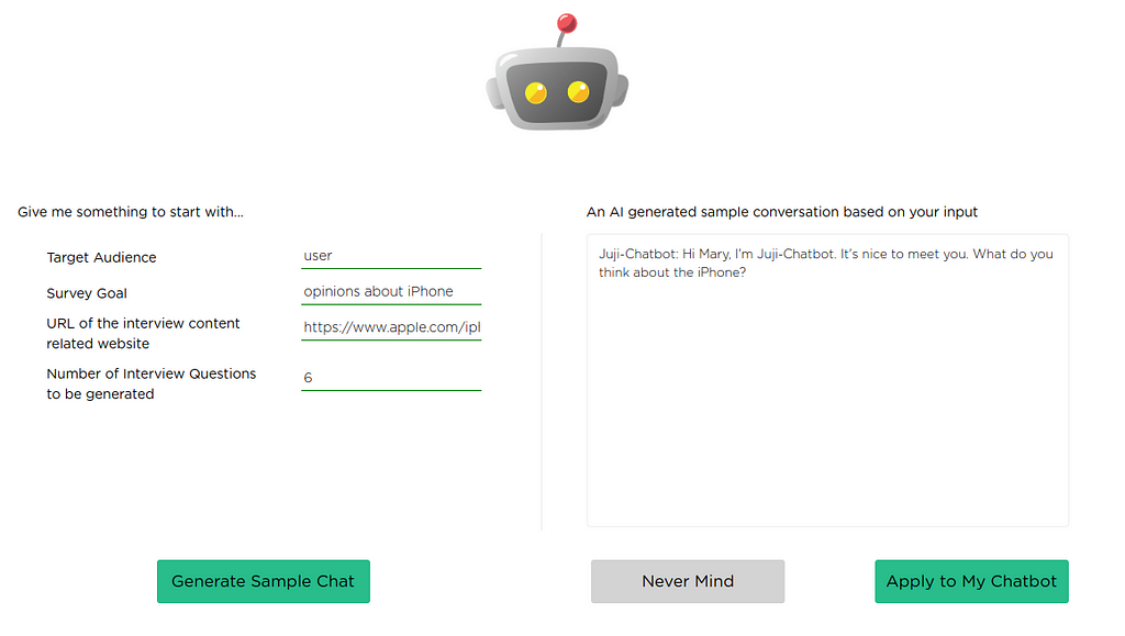 Example of generating interview chatbot using AI given specific interview context