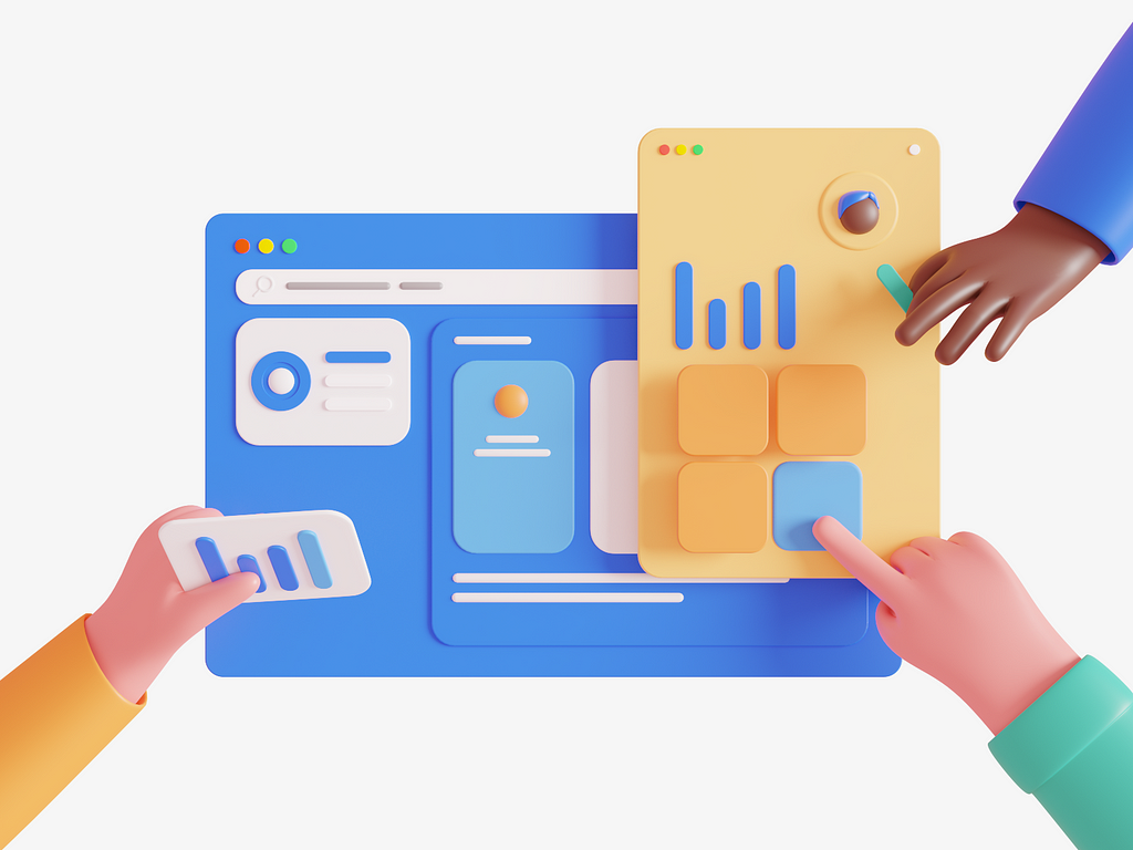 An 3D illustration of people putting user interface modules together.