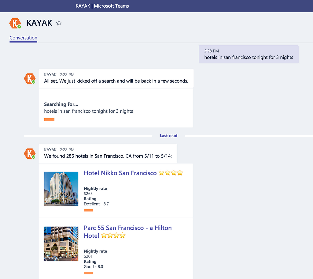 Example of the Kayak Plugin in Microsoft Teams