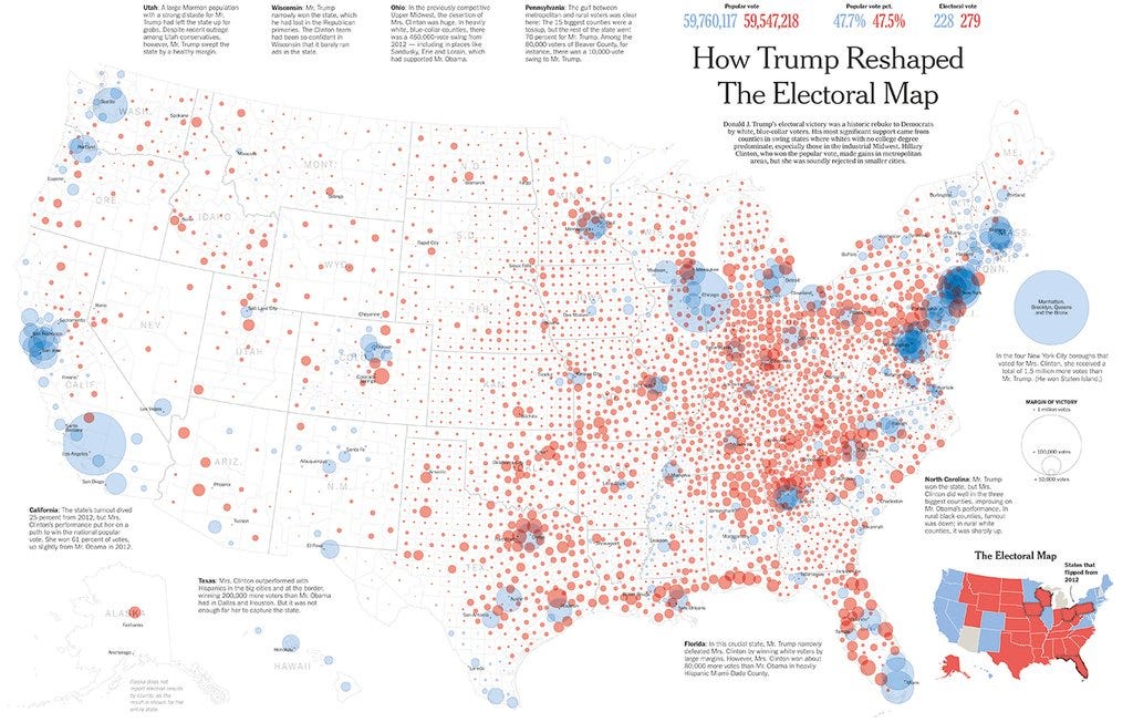 A Takeover in Red. How Trump Reshaped the Electoral Map. This double-page graphic published by the New York Times in November