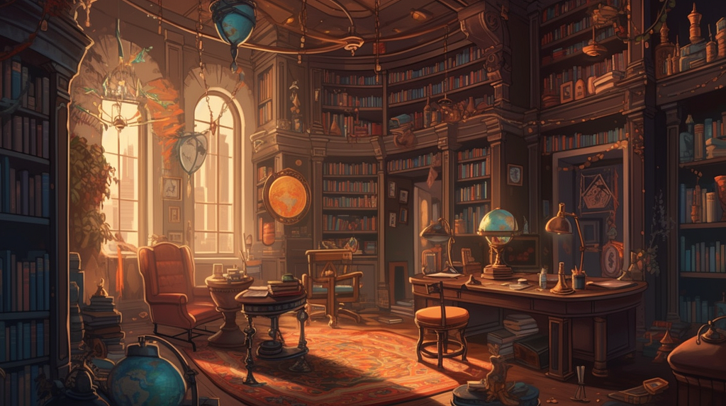A circular library room bathed in warm sunlight streaming through large windows, featuring bookshelves filled to the brim with books, globes, and scientific instruments. The setting is serene and academic, with a classic aesthetic