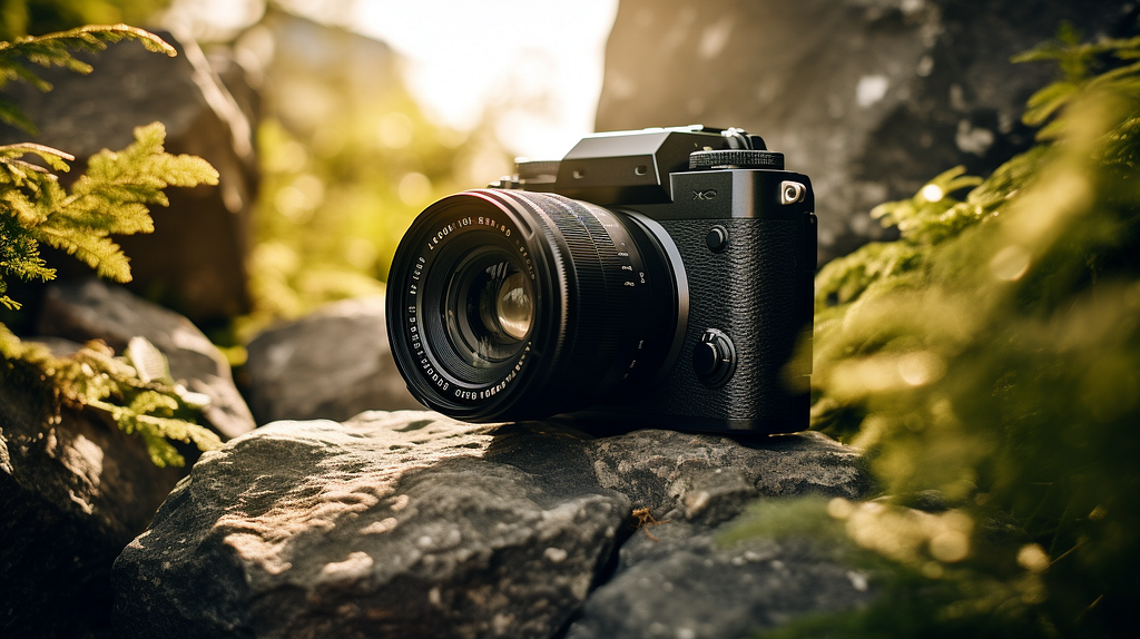 Editorial photography of a high-quality DSLR kept on a sturdy rock, lush green vegetation in the background, set in the golden hour, dramatic atmosphere, emulating a Leica M10-R camera with a polarizing filter, f/8 aperture, 1/1000 shutter speed, ISO 200, studio lighting, composed with a low angle perspective.