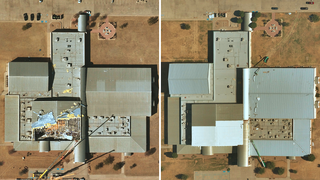 Near Space Labs’ post-catastrophe imagery of a damaged commercial building (left) compared to 90 days later, confirming near-complete repairs (right).