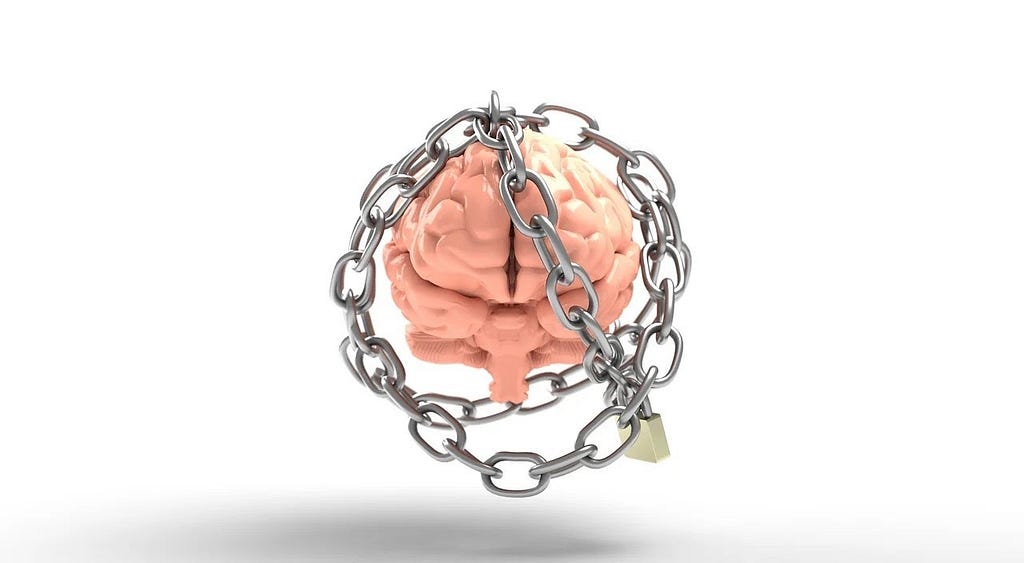 A human brain tied in chains.