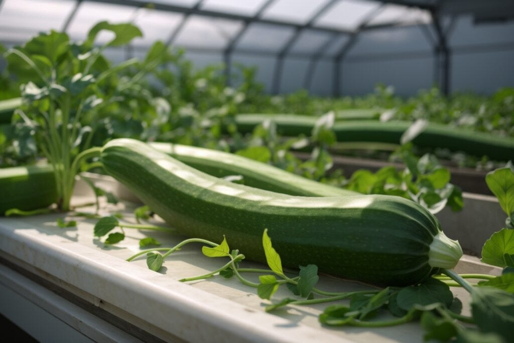 Large zucchini growing on a hydroponic farm table surrounded by lush green plants, under a greenhouse structure.