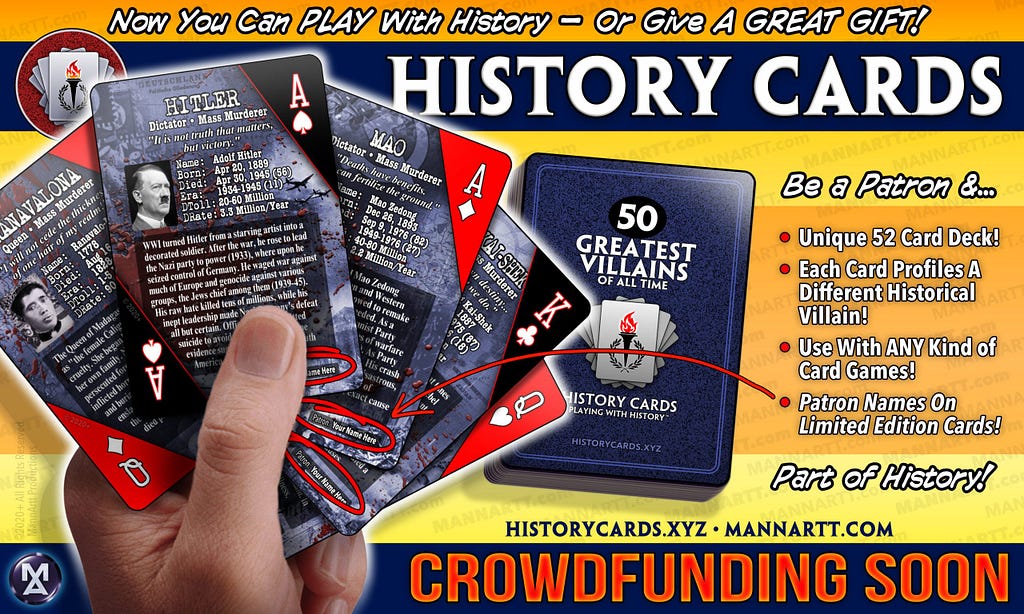 HISTORY CARDS – The Debut of the 50 GREATEST VILLAINS Deck. Image shows a hand of cards + deck info.