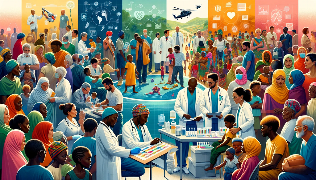 A colorful illustration of a diverse community with people in traditional and medical attire, interacting in outdoor and digital-infused settings, symbolizing unity, healthcare, and technology.