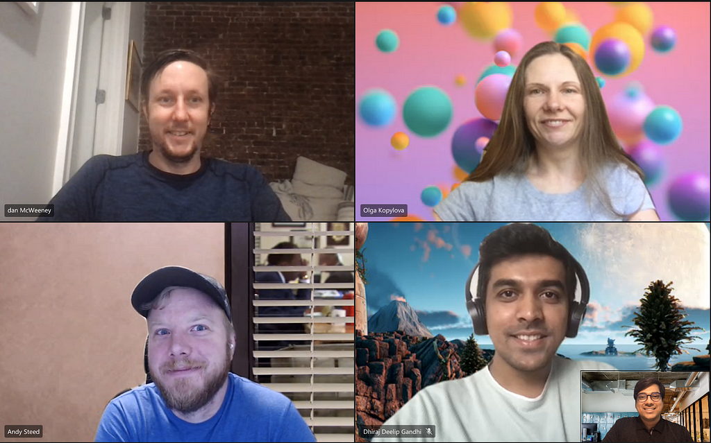 Adobe’s open-dev approach in action, as contributors from different teams meet virtually. From top left: Senior Computer Scientist Dan McWeeney, Observability Architect Olga Kopylova, Senior Computer Scientist Andy Steed, Software Development Intern Dhiraj Gandhi, and Product Manager Manik Jindal.