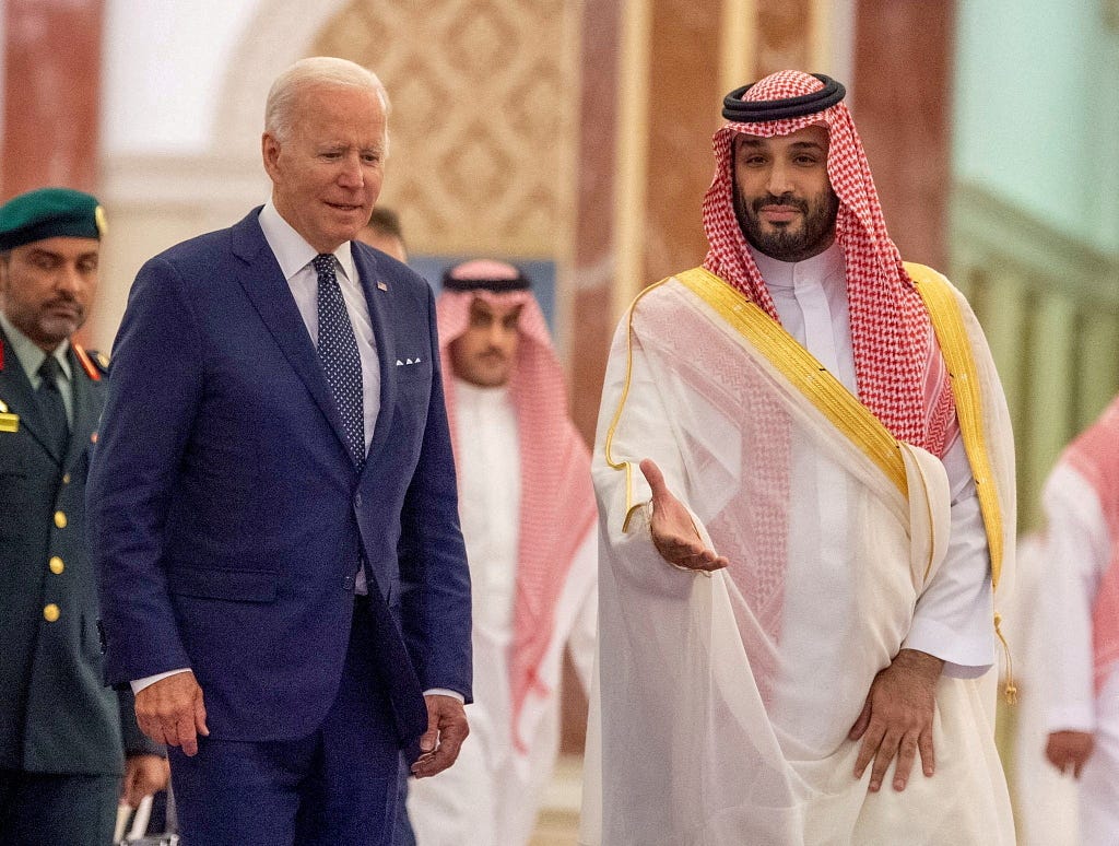 Joe Biden and Mohammed bin Salman at a diplomatic meeting.