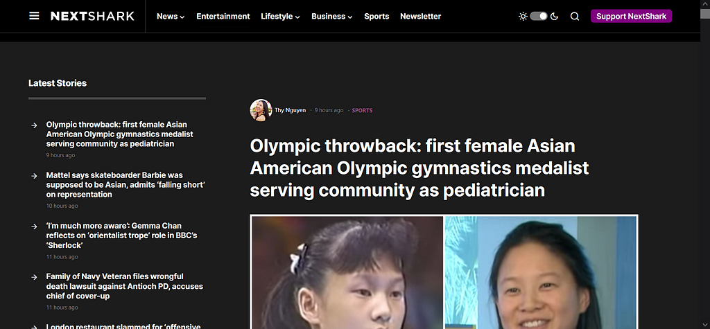 A screenshot of the NextShark website founded by Benny Luo with a headline— "Olympic throwback: first female Asian American Olympic gymnastics medalist serving community as pediatrician"