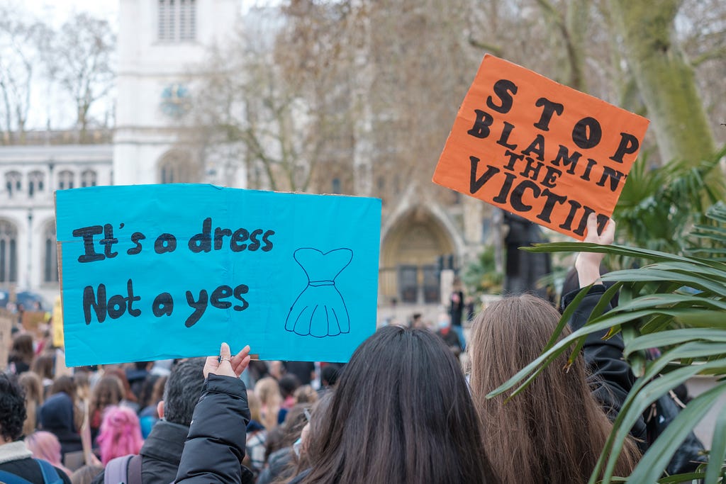 There are 2 banners in the photo. One of them says, “Stop blaming the victim”. The other one says, “It’s a dress, not a yes.”