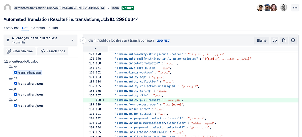 Image of a code repository with an open pull request. The pull request contains newly localized strings in Arabic and other languages.