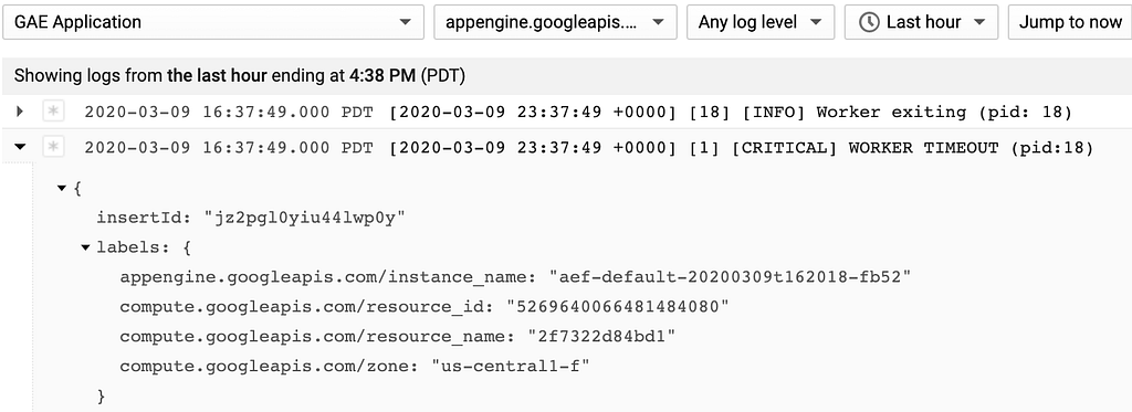 App Engine Flex Standard Error Log Detail