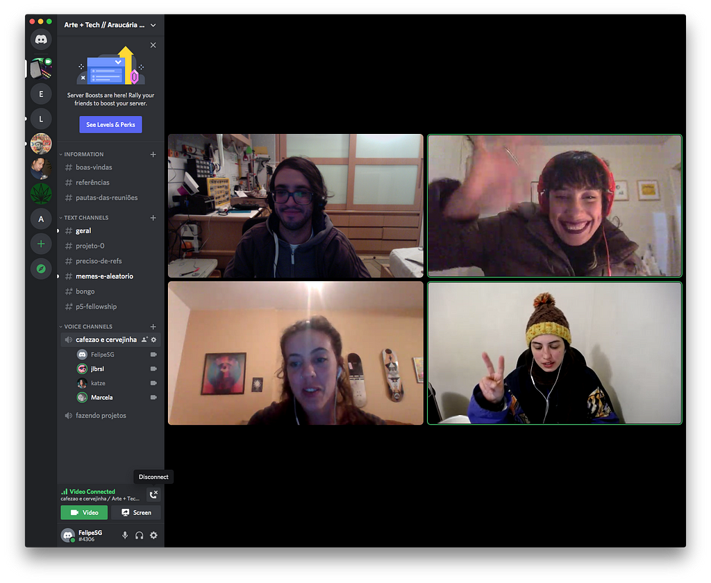 A screenshot of four livestream videos, showing the four creators behind this project in conversation.