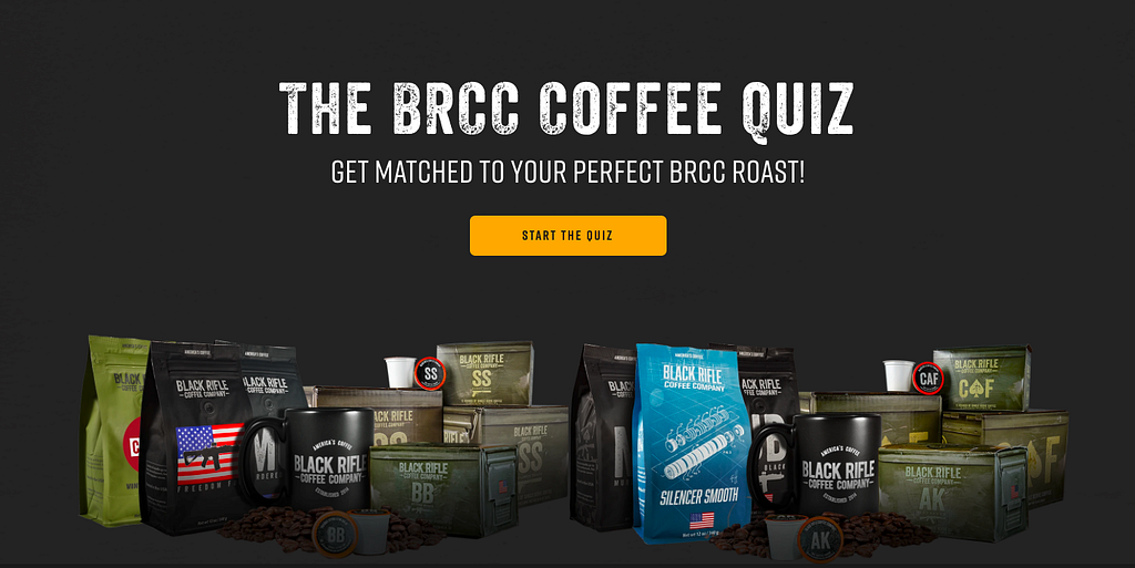 Screenshot of Black Rifle Coffee’s page offering loyalty points to customers when they complete their “Coffee Quiz”