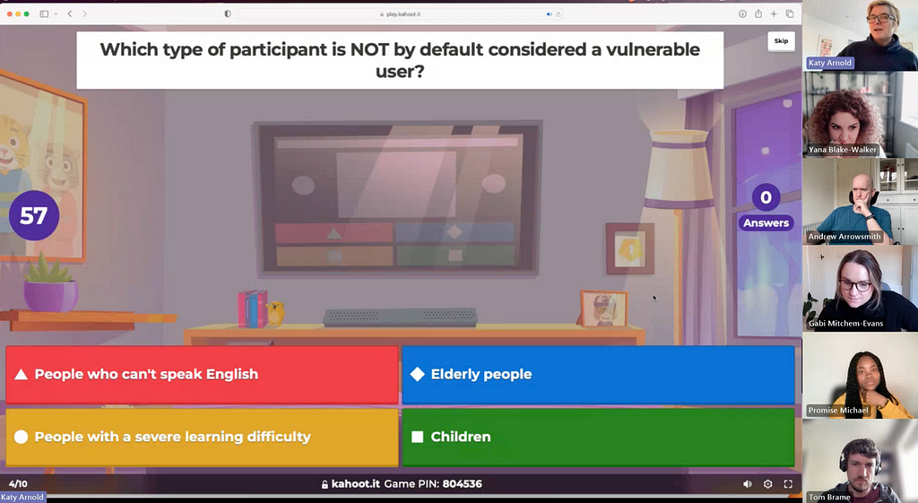 A Kahoot quiz screen showing the question “Which type of participant is NOT by default considered a vulnerable user?”. Four answer options are displayed: People who can’t speak English, Elderly people, People with a severe learning difficulty, and Children. The screen shows 57 seconds remaining and 0 answers given. Video call participants are visible on the right side.