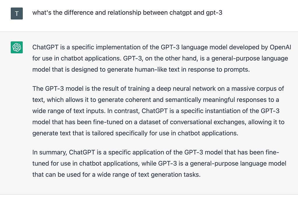 ChatGTP explaining the difference between ChatGPT and GPT-3