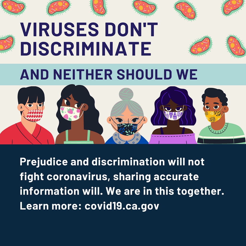 Image of people wearing masks with the statement, “Prejudice and discrimination will not fight coronavirus, sharing accurate information will”.