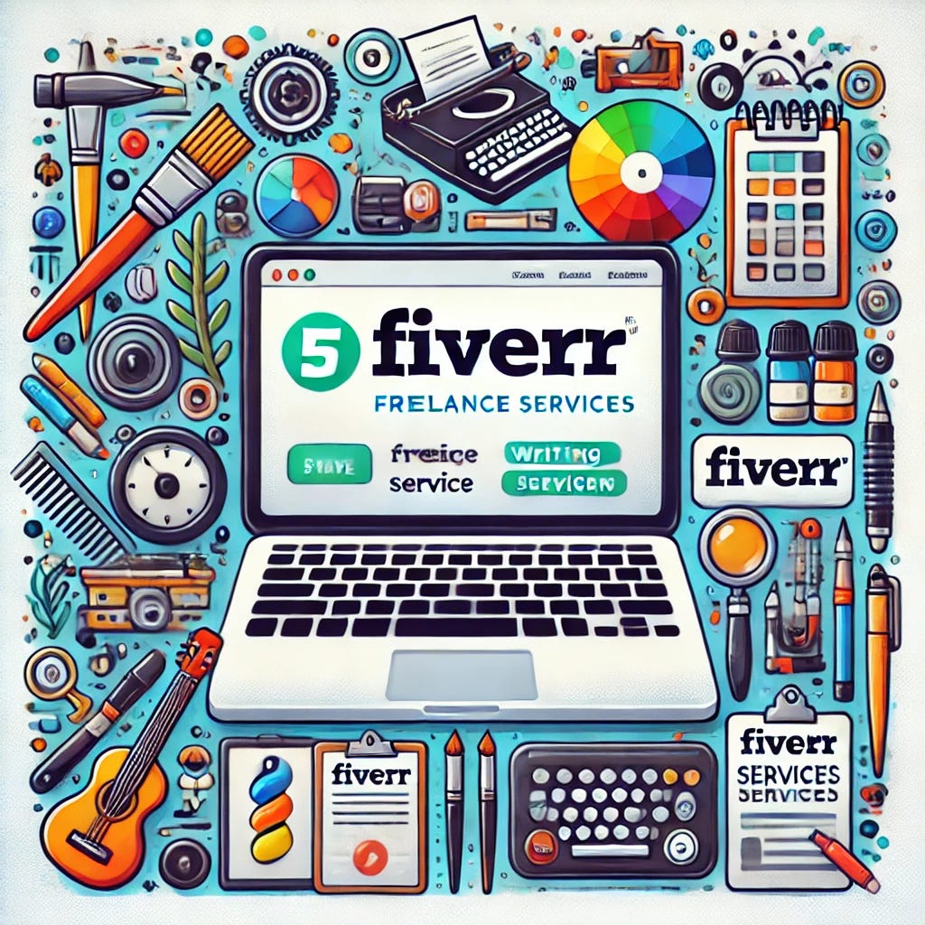 An illustration of a laptop displaying the Fiverr website, surrounded by various creative tools and office supplies. The screen shows categories like writing, design, programming, and marketing. The overall style is modern and vibrant, representing the diverse range of freelance services offered on Fiverr