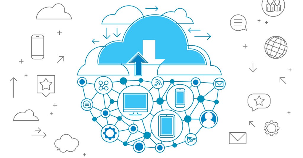 A cloud showing interweaving digital icons