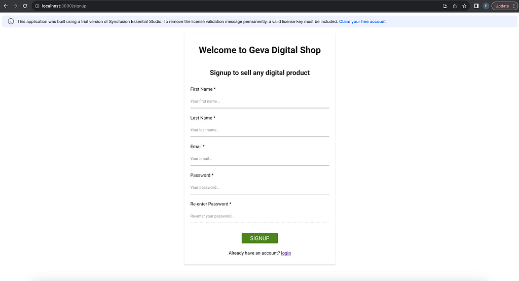 Signup page in React e-commerce app