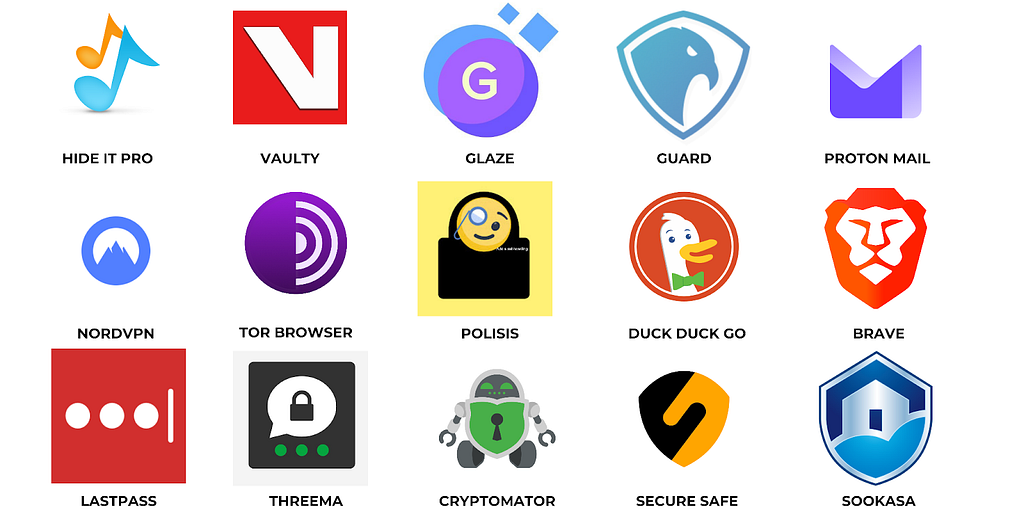 This image gathers data protection applications and tools such as : Hide It Pro, Vaulty, Glaze, Guard, Proton Mail, Nordvpn, Tor Browser, Polisis, Duck Duck Go, Brave, Lastpass, Threema, Cryptomator, Secure Safe and Sookasa.