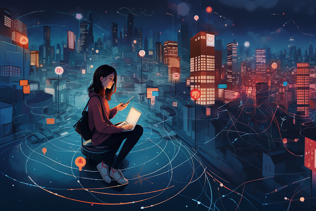 Una chica navegando en internet cerca de unos edificios, de noche.