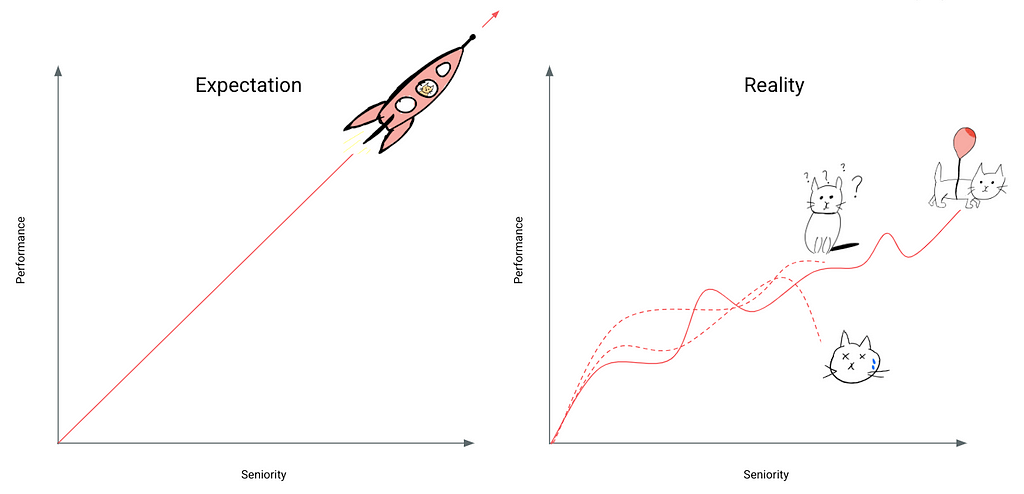 PM growth paths expectations (a rocket ship) vs reality (a winding path)