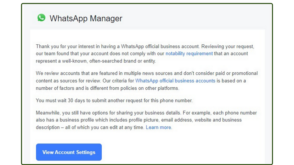 Reasons for rejection of official WhatsApp Business Account