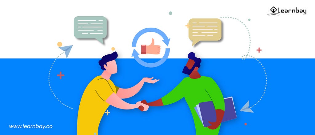 An illustration shows two system designers greets and conveys messages to each other using a gesture of handshake with a positive response.