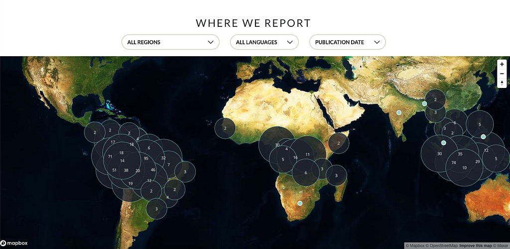 A map of rainforests across the globe with numbers to indicate how many Rainforest Journalism Fund supported reporters there are in each region.