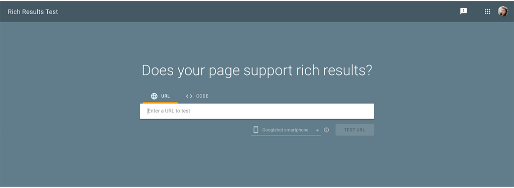 Google rich result tester tool screen saying enter the url to test.