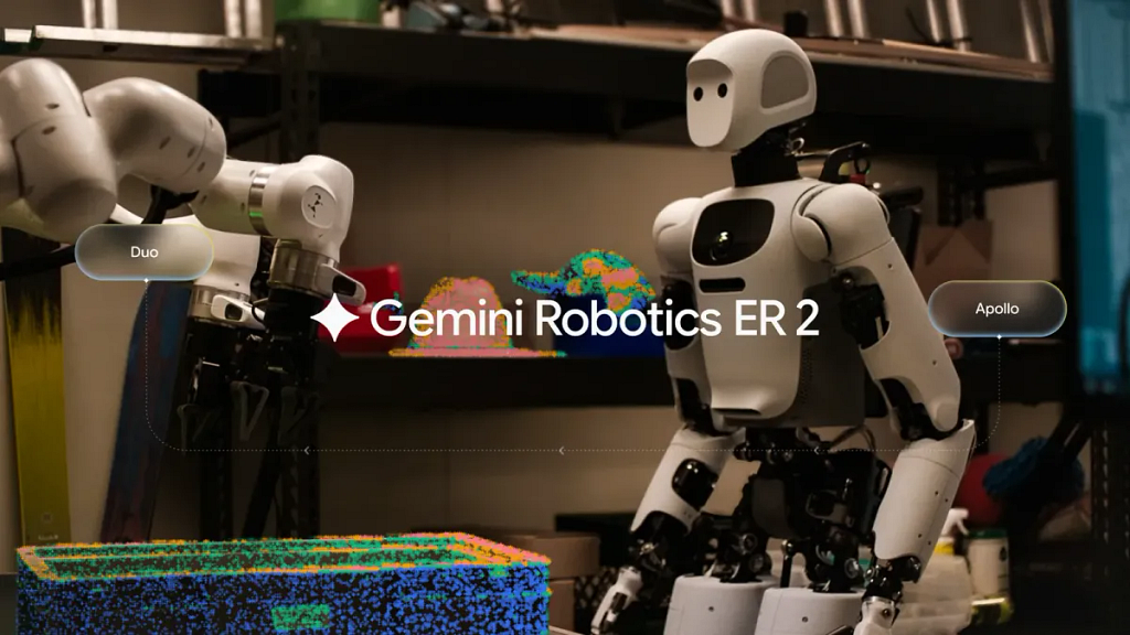 Two humanoid robots, Duo and Apollo, shown in a robotics lab alongside a 3D point-cloud visualization, with “Gemini Robotics ER 2” overlaid across the image.