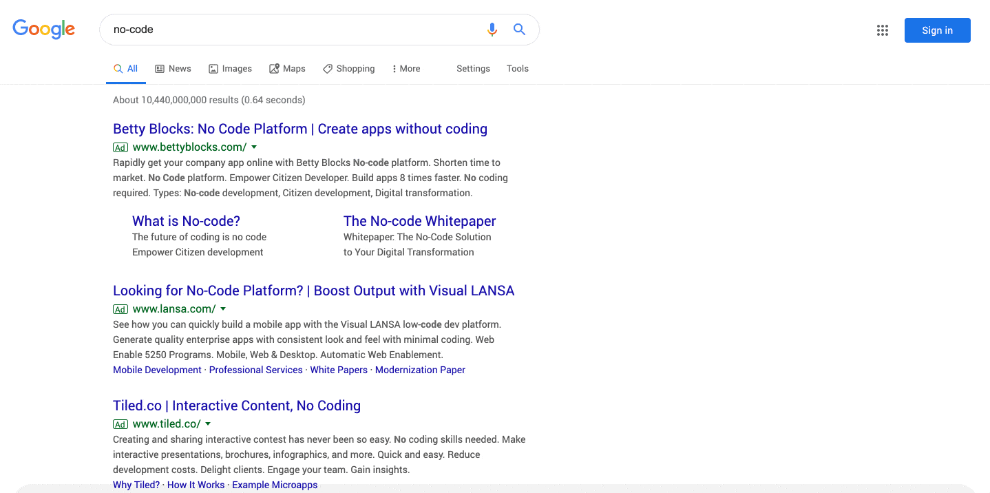 Google search results page for the query “no-code”