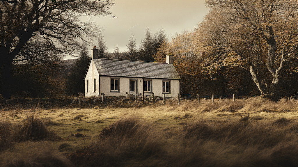 Old bungalow in the meadows of Scotland, shot using Fujifilm Instax camera with a vintage lens filter (generated by Midjourney)