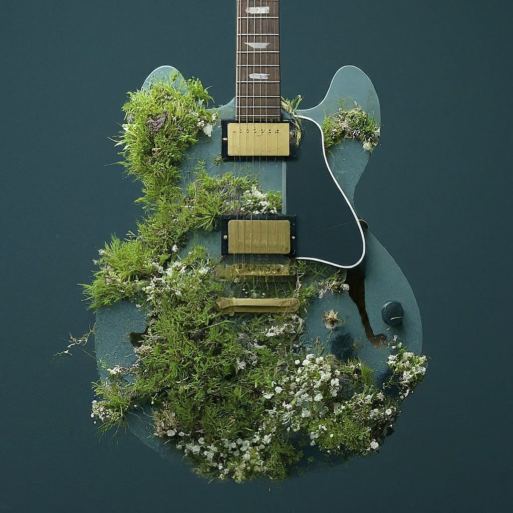 A dark green guitar partially covered in lush greenery, including mosses and flowers, symbolizing the harmony between music and nature in the context of renewable energy and environmental consciousness.