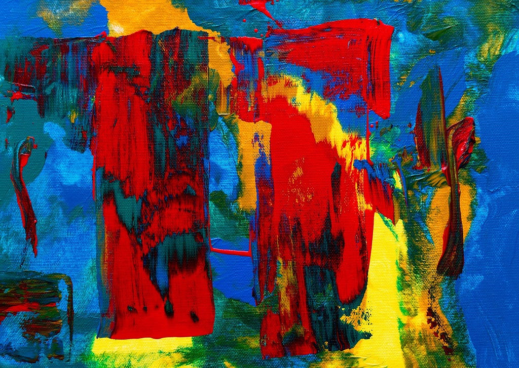 An abstract painting of red, blue, green, and yellow.