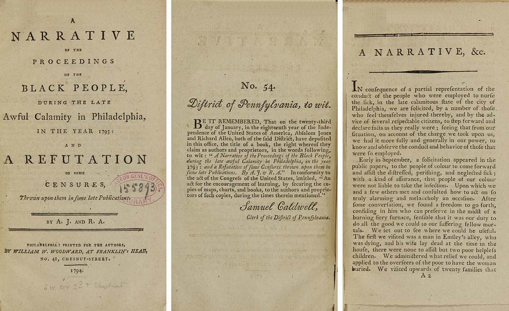 Title-page and opening pages of a pamphlet published by Richard Allen and Absalom Jones in 1794.
