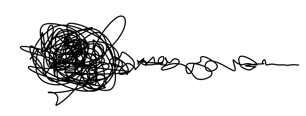 An illustration of a messy scribble ball that tapers down to a single line.
